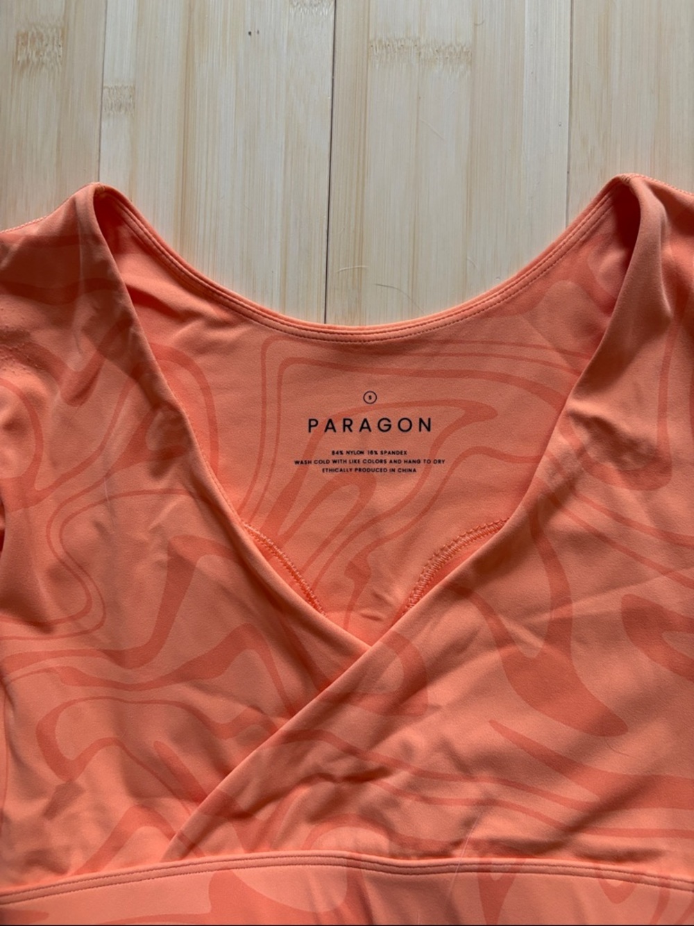 PARAGON Coral Orange Marble Wrap Sports Bra and Sculptseam Plus legging set - Picture 2 of 11